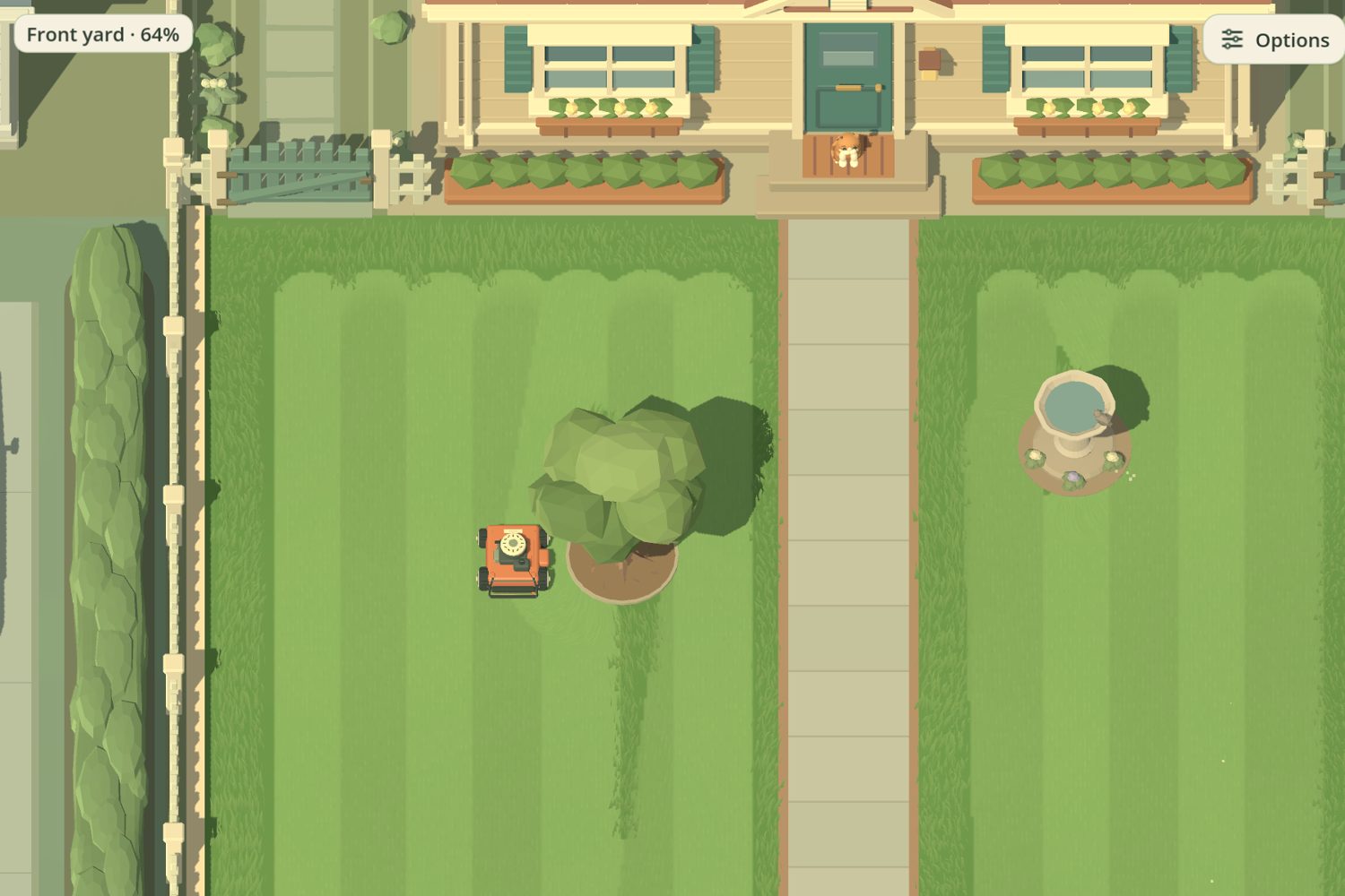 Real gameplay: an orange mower and visible mowing lines across Buttercup House's front lawn.